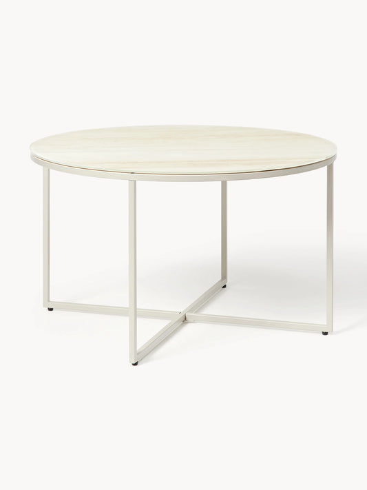 Stolik kawowy ze szklanym blatem o wyglądzie traweryntu Antigua