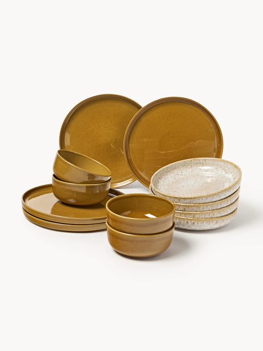 Komplet ręcznie wykonanych naczyń z kamionki Ethel, dla 4 osób (12 elem.)