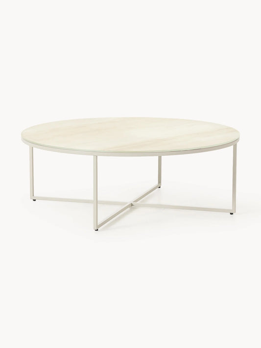 Stolik kawowy ze szklanym blatem o wyglądzie marmuru Antigua